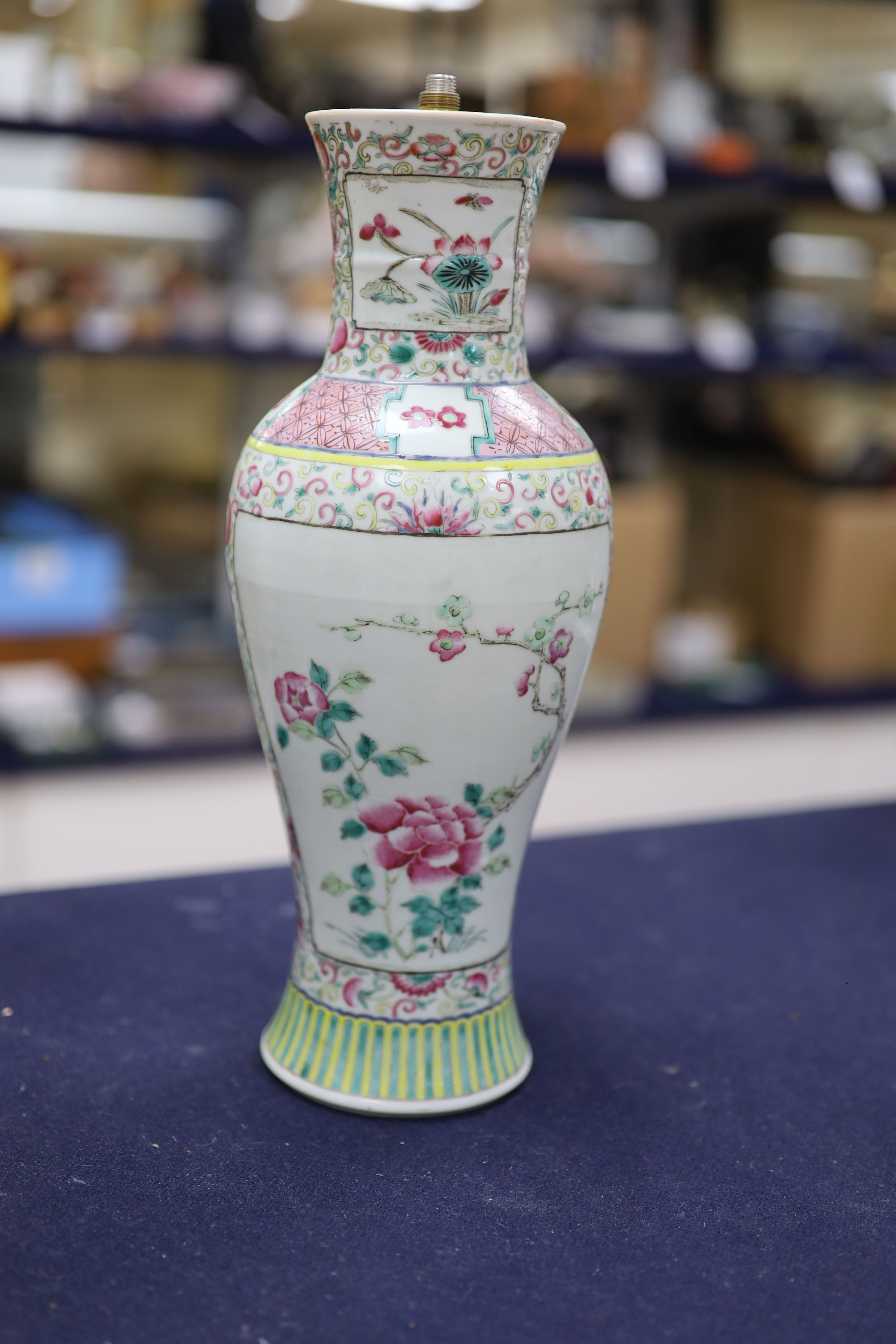 A pair of 19th century Chinese famille rose vases- ex lamp bases, height 31.5cm